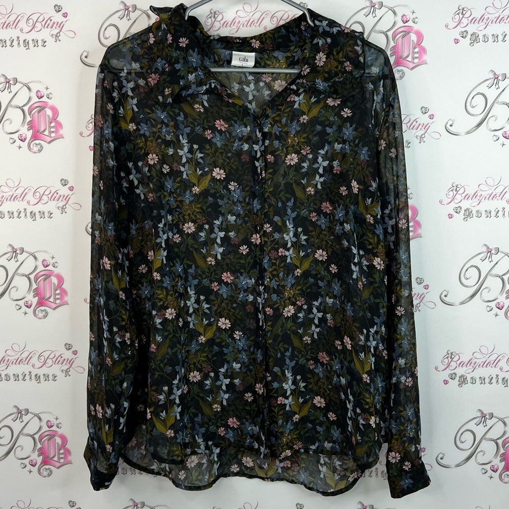 CAbi long sleeve collared flowers top shirt Black Multicolor Floral Blouse